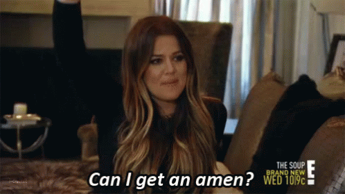 A Woman Sitting On A Couch With The Words Can I Get An Amen On Her Face GIF