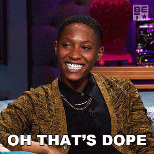 A Woman Sitting On A Couch With The Words Oh That 'S Dope Behind Her GIF