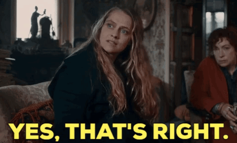 A Woman Sitting On A Couch With The Words Yes That 'S Right GIF