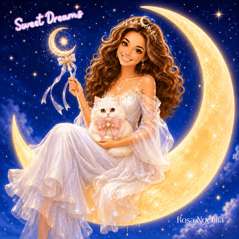 a woman sitting on a crescent moon holding a cat