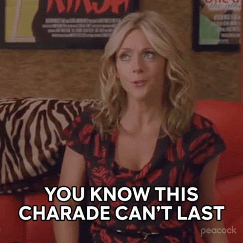 A Woman Sitting On A Red Couch Says You Know This Charade Can 'T Last GIF