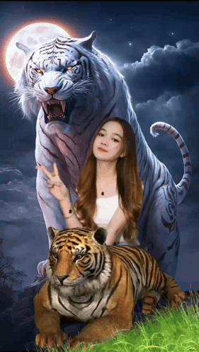 a woman sitting on a tiger with a full moon in the background