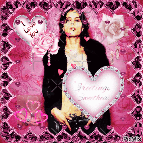 A Woman Smoking A Cigarette Surrounded By Pink Hearts With Greetings Sweetheart On It GIF