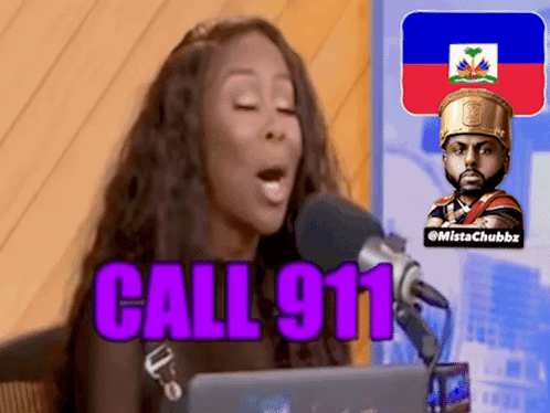 A Woman Speaking Into A Microphone With The Words Call 911 Written In Purple GIF