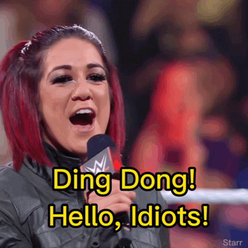 A Woman Speaking Into A Microphone With The Words Ding Dong Hello Idiots GIF