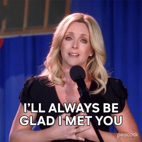 A Woman Speaking Into A Microphone With The Words I 'Ll Always Be Glad I Met You GIF