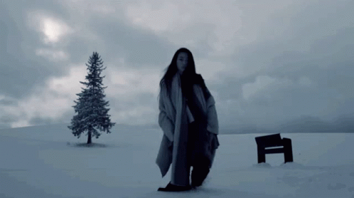 A Woman Standing In A Snowy Field With A Bench And A Tree In The Background GIF
