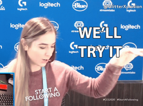 A Woman Standing In Front Of A Blue Background That Says Logitech On It GIF