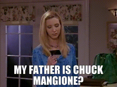 A Woman Standing In Front Of A Door With The Words My Father Is Chuck Mangione GIF