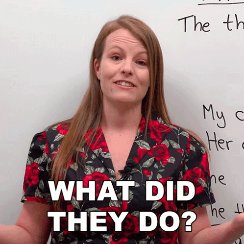 A Woman Standing In Front Of A White Board With The Words What Did They Do Written On It GIF