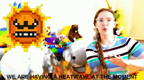 A Woman Standing In Front Of Stuffed Animals With The Words " We Are Having A Heatwave At The Moment " On The Bottom GIF