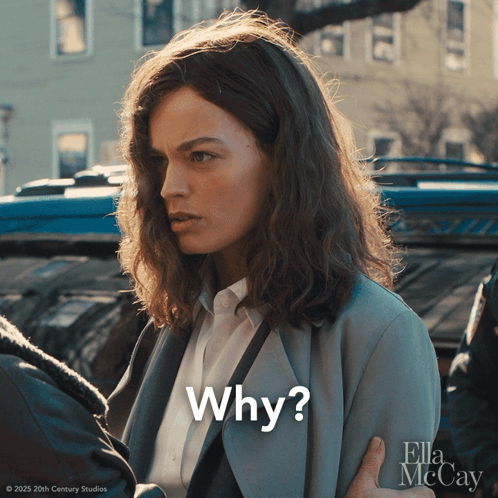 A Woman Standing Next To A Car With The Words Why On The Bottom GIF