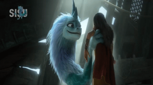 A Woman Standing Next To A Cartoon Dragon With Sisu Written On The Bottom GIF