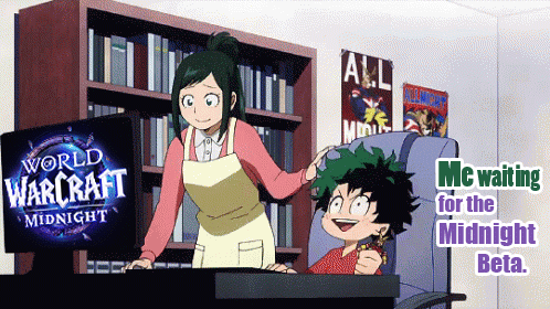 A Woman Standing Next To A Child In Front Of A Computer Screen That Says World Warcraft Midnight GIF