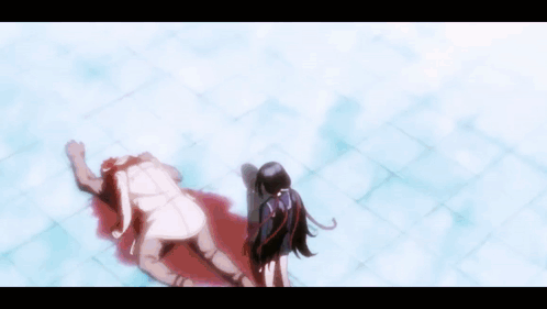 A Woman Standing Next To A Dead Body With Blood On The Floor GIF