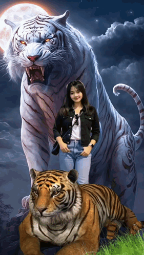 a woman standing next to a tiger with a full moon behind her