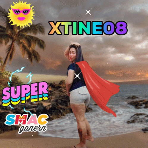 A Woman Standing On A Beach With The Words Super Smac Ganern GIF