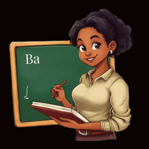 A Woman Stands In Front Of A Blackboard That Says Ba On It GIF