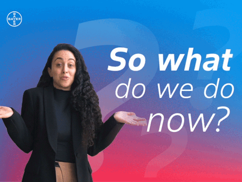 A Woman Stands In Front Of A Blue And Pink Background With The Words So What Do We Do Now GIF