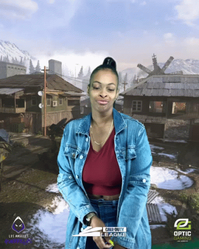 A Woman Stands In Front Of A Call Of Duty Background GIF