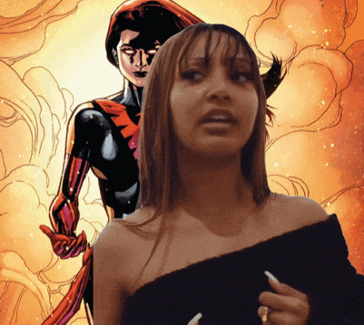 A Woman Stands In Front Of A Drawing Of A Superhero GIF