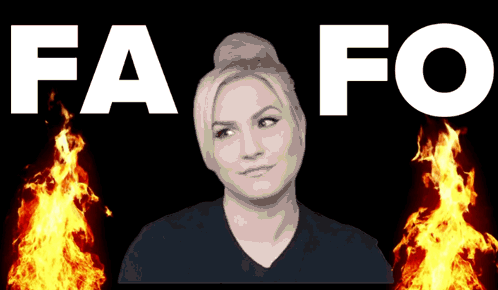 A Woman Stands In Front Of A Fire With The Words Fa Fo Behind Her GIF