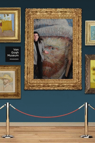 A Woman Stands In Front Of A Framed Portrait Of Vincent Van Gogh GIF