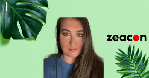 A Woman Stands In Front Of A Green Background With The Word Zeacon GIF