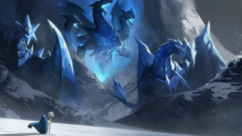 A Woman Stands In Front Of A Large Blue Dragon GIF