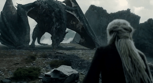 a woman stands in front of a large dragon with its wings spread