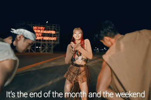 A Woman Stands In Front Of A Neon Sign That Says Money Rule Master But Cent Servant GIF