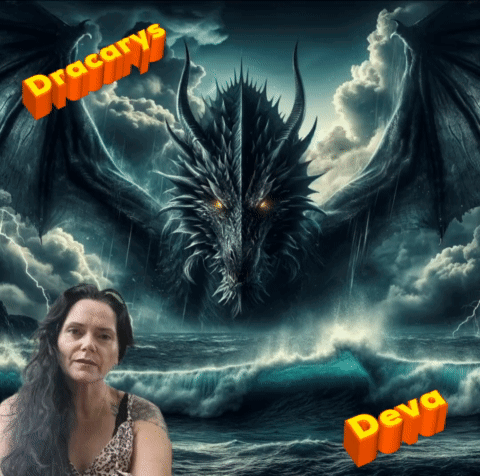A Woman Stands In Front Of A Picture Of A Dragon And The Words Dracarys And Deva GIF