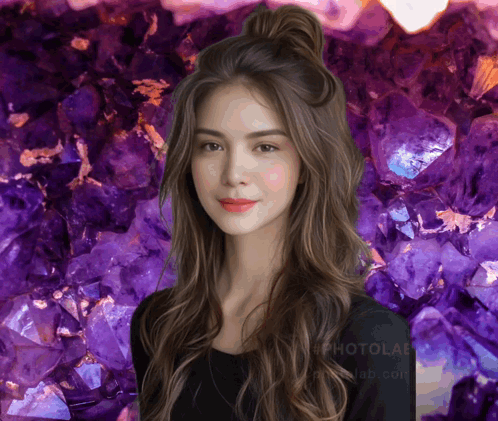A Woman Stands In Front Of A Purple Background That Says Photolab On It GIF