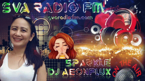 A Woman Stands In Front Of A Sparkle Dj Aeonflux On The Air Sign GIF