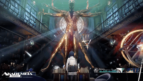 Woman In Front Of Statue In Akademia Video Game GIF