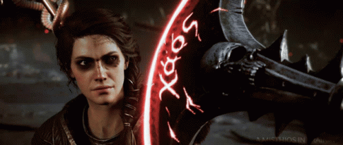 A Woman Stands In Front Of A Sword With A Red Circle Around It That Says Xo65 GIF