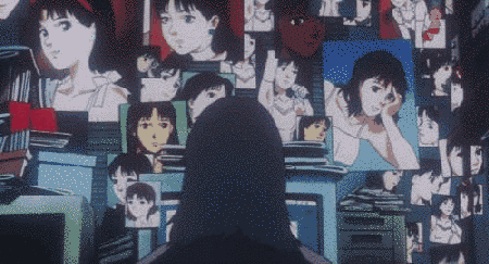 A Woman Stands In Front Of A Wall Full Of Anime Images GIF
