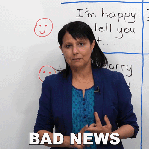 Woman Standing In Front Of Whiteboard Saying I'm Happy Sorry Bad News GIF