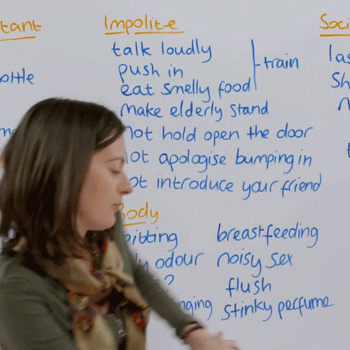 A Woman Stands In Front Of A White Board With Words Such As Impolite Talk Loudly Push In And Smelly Food GIF