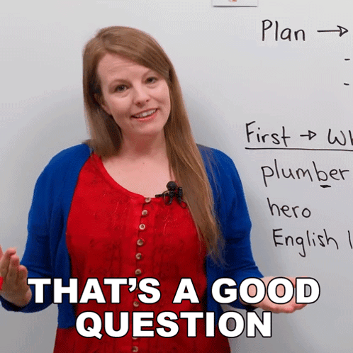 A Woman Stands In Front Of A Whiteboard With The Words That 'S A Good Question Written On It GIF