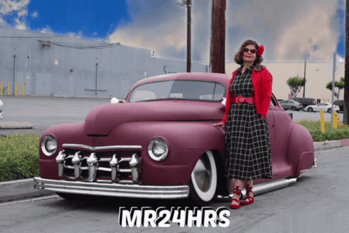 A Woman Stands Next To A Purple Car With The Words Mr24hrs Written On The Bottom GIF