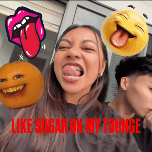 A Woman Sticking Her Tongue Out With The Words Like Sugar On My Tounge Written Below Her GIF