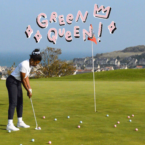 A Woman Swings A Golf Club On A Green With The Words Green Queen Above Her GIF