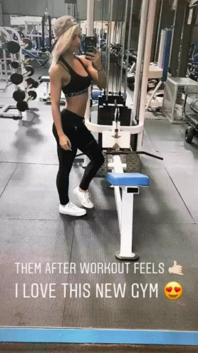 A Woman Taking A Picture Of Herself In A Gym And The Caption Says " Them After Workout Feels I Love This New Gym " GIF