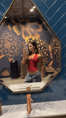 a woman taking a picture of herself in a mirror