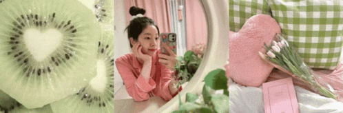 A Woman Taking A Selfie In Front Of A Mirror Next To A Slice Of Kiwi And A Book GIF