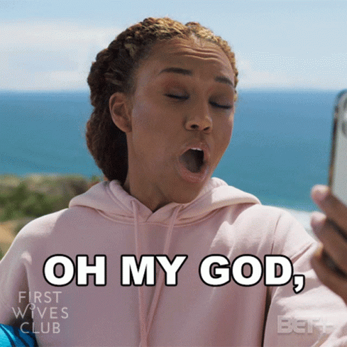 A Woman Taking A Selfie With Her Mouth Open And The Words Oh My God GIF