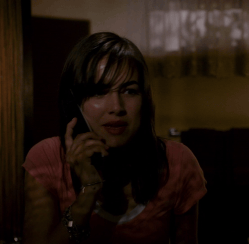 A Woman Talking On A Cell Phone With The Words " It 'S Coming From Inside The House " Below Her GIF