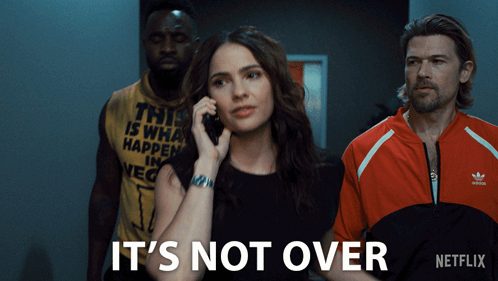 A Woman Talking On A Cell Phone With The Words It 'S Not Over In The Corner GIF