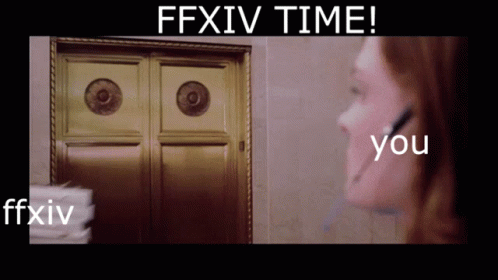 A Woman Talking On A Phone Next To A Door With The Words Ffxiv Time On It GIF